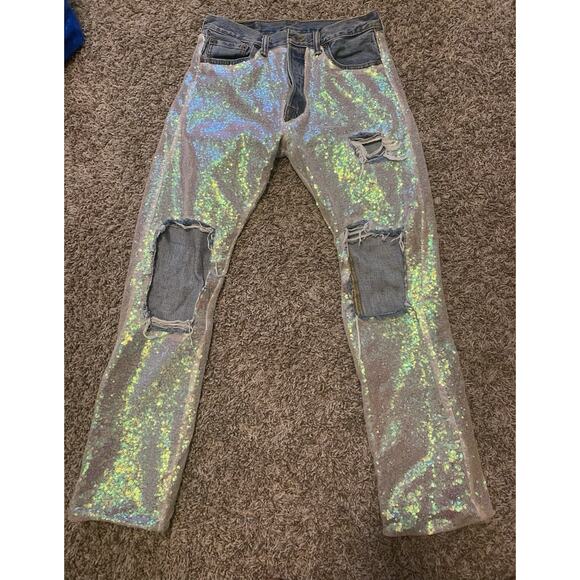 LEVI’S Women’s 501 Jeans Ripped Iridescent Pink Sequins Size W30/L30 Vintage - Picture 11 of 11